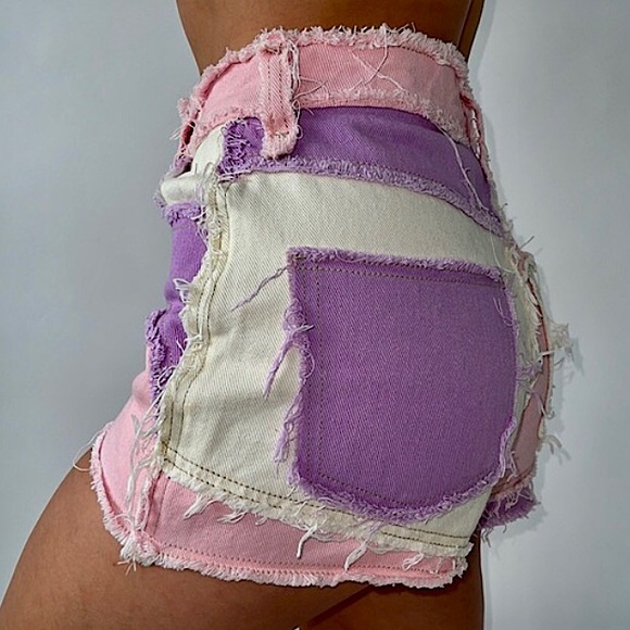 Jaded London Hot Pant Cut-Off Jean Shorts in Purple Pink Denim Patchwork - Picture 10 of 16